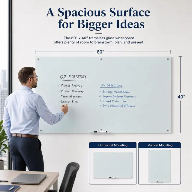Alt view image 2 of 6 - Frameless Glass Dry Erase Board, 60" x 40" Magnetic Whiteboard | Wall Mounting Premium Tempered Glass, Steel-Backed Magnetic Support with Tray, Eraser & Magnets for Office, School, Home