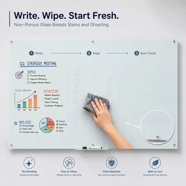 Alt view image 4 of 6 - Frameless Glass Dry Erase Board, 60" x 40" Magnetic Whiteboard | Wall Mounting Premium Tempered Glass, Steel-Backed Magnetic Support with Tray, Eraser & Magnets for Office, School, Home