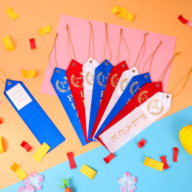 Alt view image 6 of 7 - 300PCS Award Ribbons, Medal Ribbons for 1st, 2nd, 3rd Place, Event Card & Rope Included,Perfect for Competitions, Sports Events, School Challenges, Vibrant Blue, Red, and White