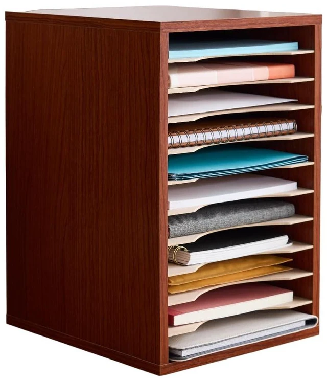 Main image of Vertical Literature Organizer, 11 Compartments, Office and Classroom Mailbox with Adjustable Shelves, Wood Paper and Mail Sorter, Cherry