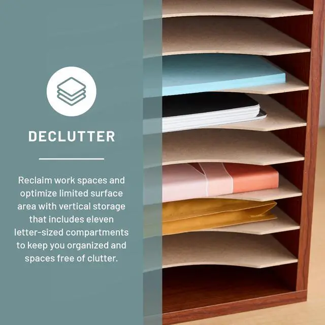 Alt view image 2 of 6 - Vertical Literature Organizer, 11 Compartments, Office and Classroom Mailbox with Adjustable Shelves, Wood Paper and Mail Sorter, Cherry