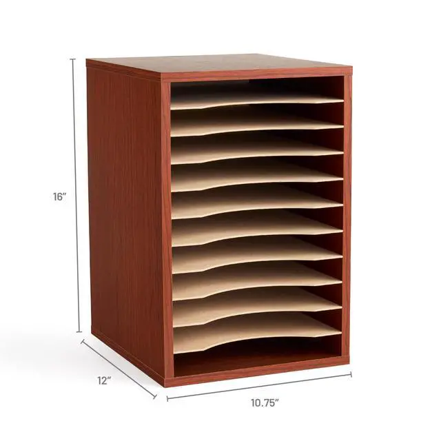 Alt view image 6 of 6 - Vertical Literature Organizer, 11 Compartments, Office and Classroom Mailbox with Adjustable Shelves, Wood Paper and Mail Sorter, Cherry