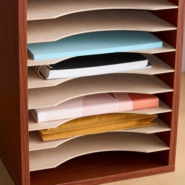 Alt view image 4 of 6 - Vertical Literature Organizer, 11 Compartments, Office and Classroom Mailbox with Adjustable Shelves, Wood Paper and Mail Sorter, Cherry