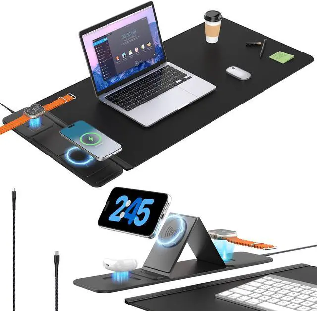 Main image of 25W Wireless Fast Charging Mouse Pad with Foldable Phone Holder, 2nd Gen 3-in-1 Wireless Charging Desk Mat 35.4" x 15.7" Large Waterproof Desk Pad for Office, Gaming & Home