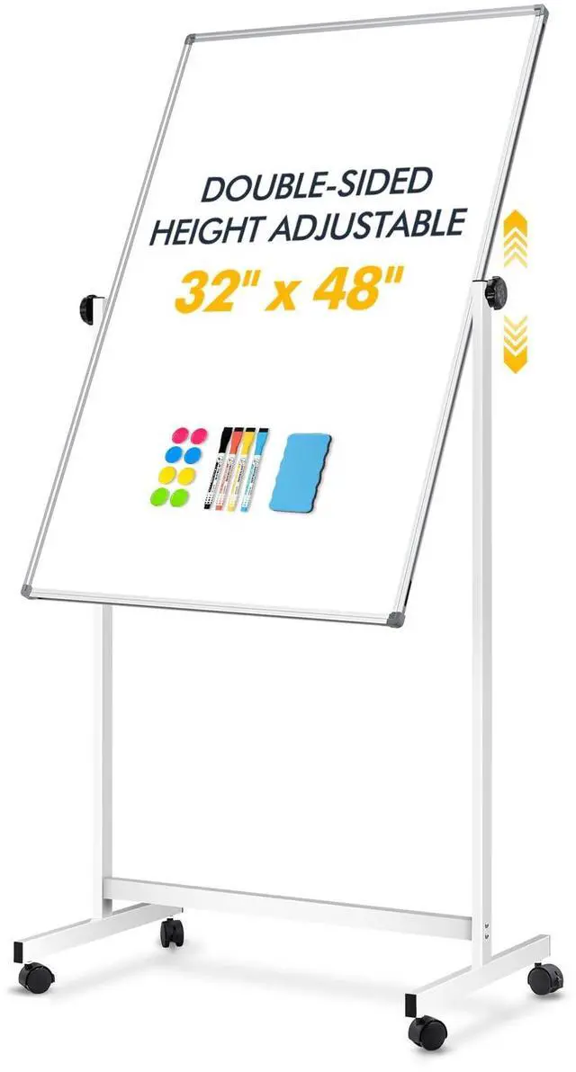 Main image of Rolling Whiteboard on Wheels 32"x48", Double-Sided Magnetic Dry Erase Board | Height Adjustable 55"-70" Mobile Standing Board with Stand for Classroom, Home Office & Teaching