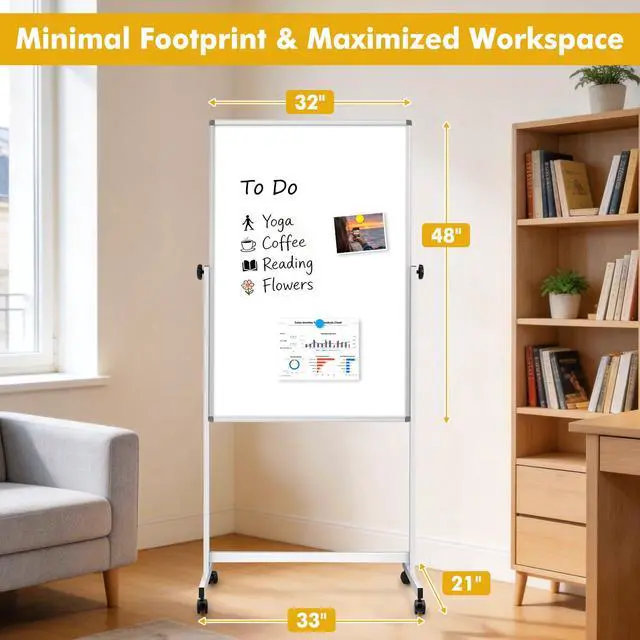 Alt view image 2 of 7 - Rolling Whiteboard on Wheels 32"x48", Double-Sided Magnetic Dry Erase Board | Height Adjustable 55"-70" Mobile Standing Board with Stand for Classroom, Home Office & Teaching