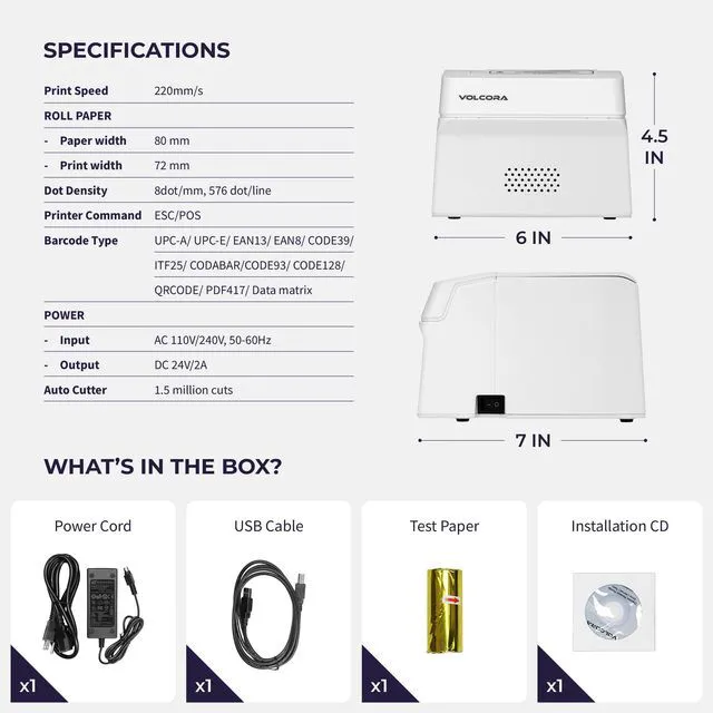 Alt view image 6 of 7 - Thermal Receipt Printer, 80mm POS Printer w/Auto Cutter, USB/Bluetooth Interface for Windows/MAC/Linux, ESC/POS Command Support Cash Drawer, High Speed Kitchen Printer, Wall Mount, White
