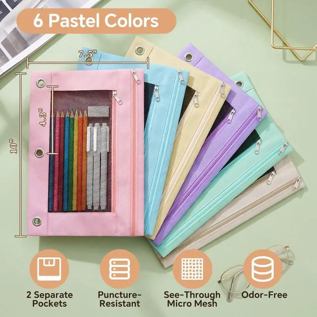 Alt view image 2 of 7 - 36 Pcs Pencil Pouch for 3 Ring Binder, 2 Pocket Zipper Binder Pouch Bulk, Pastel Binders Pencil Case, School Supplies for Boy Girl Student, Reinforced Grommets, Clear Window, Micro Mesh