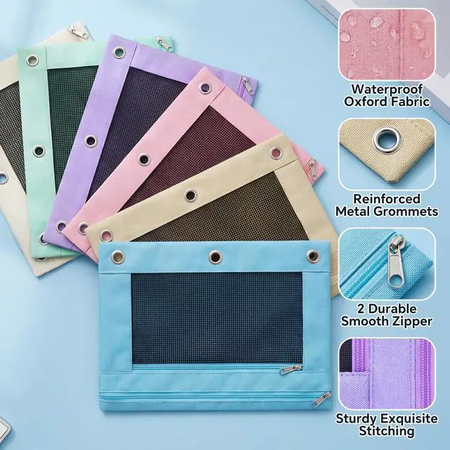 Alt view image 3 of 7 - 36 Pcs Pencil Pouch for 3 Ring Binder, 2 Pocket Zipper Binder Pouch Bulk, Pastel Binders Pencil Case, School Supplies for Boy Girl Student, Reinforced Grommets, Clear Window, Micro Mesh