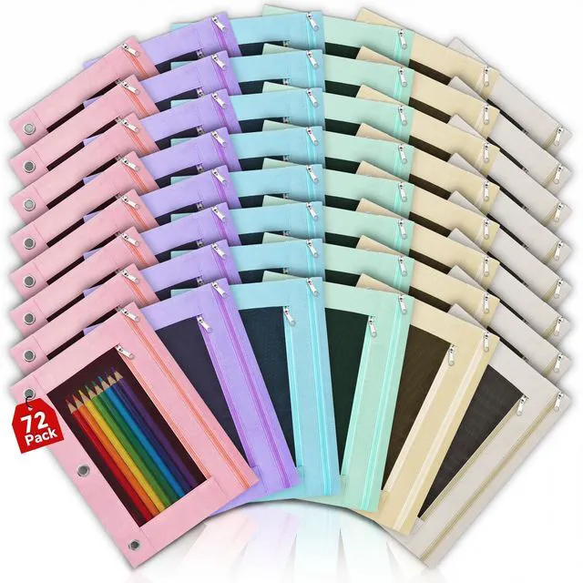 Main image of 72 Pcs Pencil Pouch for 3 Ring Binder, 2 Pocket Zipper Binder Pouch Bulk, Pastel Binders Pencil Case, School Supplies for Boy Girl Student, Reinforced Grommets, Clear Window, Micro Mesh
