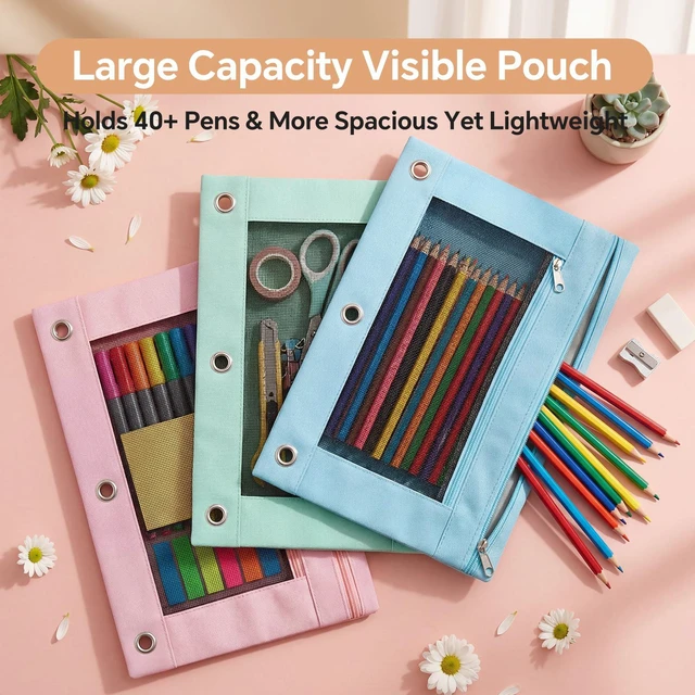 Alt view image 5 of 7 - 36 Pcs Pencil Pouch for 3 Ring Binder, 2 Pocket Zipper Binder Pouch Bulk, Pastel Binders Pencil Case, School Supplies for Boy Girl Student, Reinforced Grommets, Clear Window, Micro Mesh