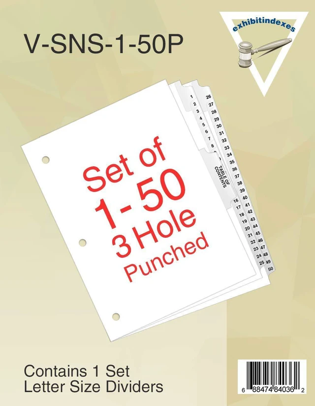 Alt view image 3 of 5 - ® Numbered Dividers 1-50 Punched - AVE Style Bold Tabs - Side Collated Exhibit Tabs - Made in The USA | Letter Size - 1-50 - Sets (Pack of 3)