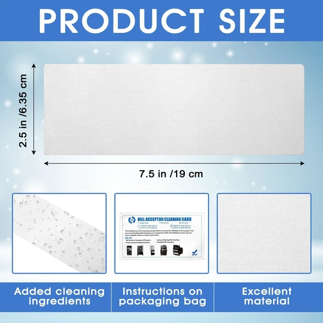 Alt view image 2 of 6 - 60 Pcs 2.5" x 7.5" Presaturated Bill Acceptor Cleaning Card Validator Card Cleaning Kit with All Bill Validators, Readers and Money Counters