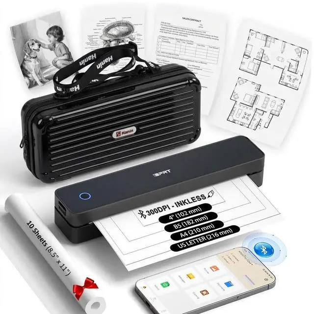 Main image of Inkless Portable Printer for Travel, MT610Pro Wireless Thermal Printer Supports 8.5 x 11" Thermal Paper, Bluetooth Mobile Printer for Phone Laptop with Case & 10pcs Thermal Paper, for Home, Black