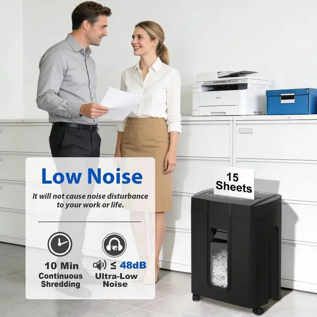 Alt view image 2 of 7 - 15 Sheets Paper Shredder for Home Office | Noise 48dB, P-4, 10Mins Runtime, 4.7 gal, Cross Cut, Shreds Credit Cards & CDs