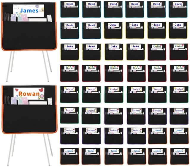 Main image of 48 PCS Chair Pockets for Classroom, 15.6x16.8 Inch Seat Pockets for Classroom Chairs, Black Seat Sacks for Classroom Chairs with Name Tag, Back of Chair Organizer for Kids in Classroom