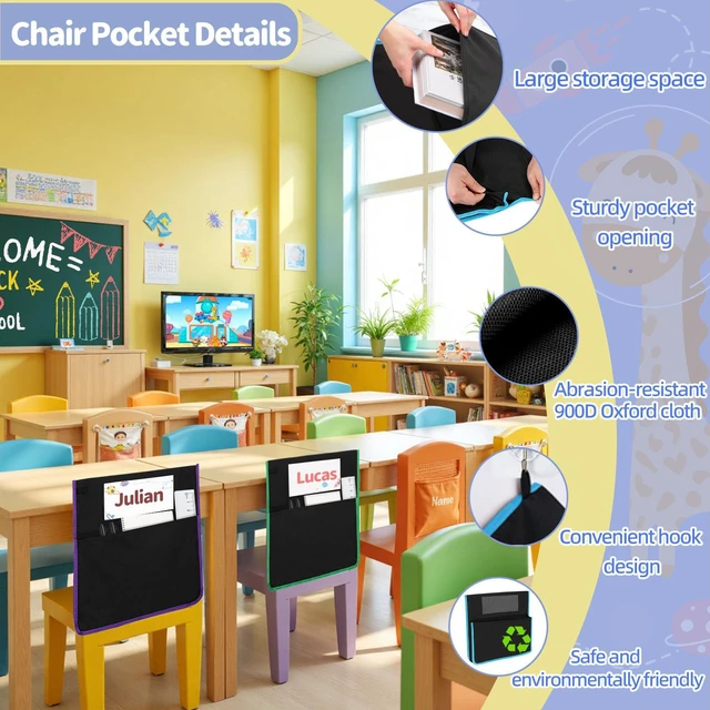 Alt view image 4 of 7 - 48 PCS Chair Pockets for Classroom, 15.6x16.8 Inch Seat Pockets for Classroom Chairs, Black Seat Sacks for Classroom Chairs with Name Tag, Back of Chair Organizer for Kids in Classroom