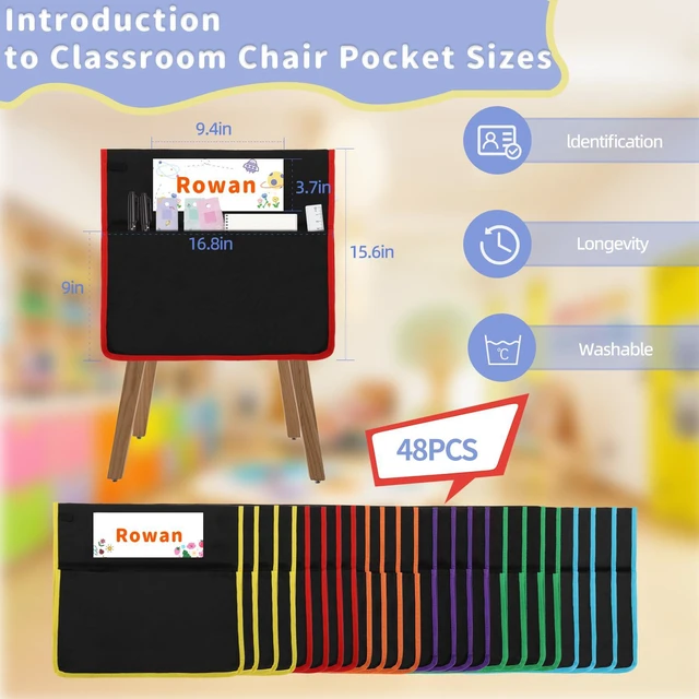 Alt view image 5 of 7 - 48 PCS Chair Pockets for Classroom, 15.6x16.8 Inch Seat Pockets for Classroom Chairs, Black Seat Sacks for Classroom Chairs with Name Tag, Back of Chair Organizer for Kids in Classroom