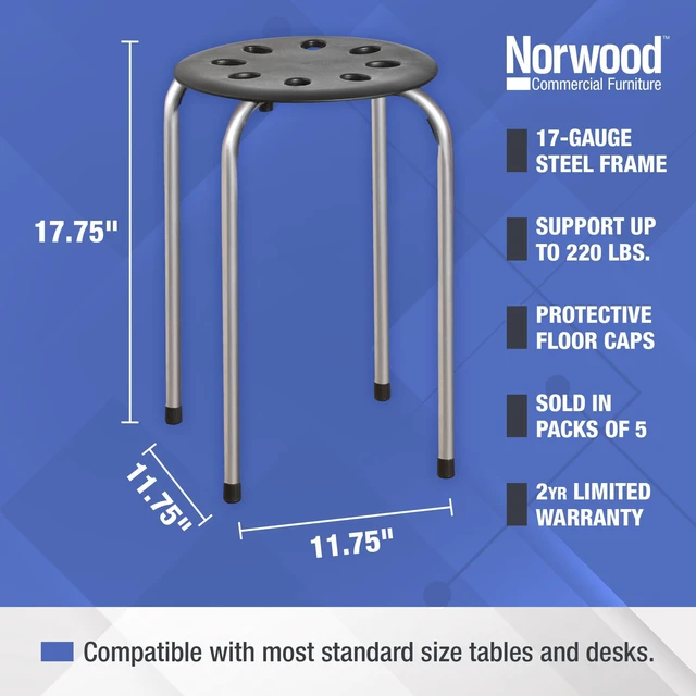 Alt view image 2 of 7 - Commercial Furniture Stacking Stools for Kids and Adults, 17.75" Standard Height Portable Nesting Office and Classroom Stools, Black/Silver, Pack of 5