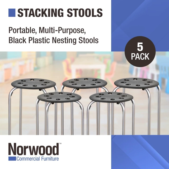 Alt view image 3 of 7 - Commercial Furniture Stacking Stools for Kids and Adults, 17.75" Standard Height Portable Nesting Office and Classroom Stools, Black/Silver, Pack of 5