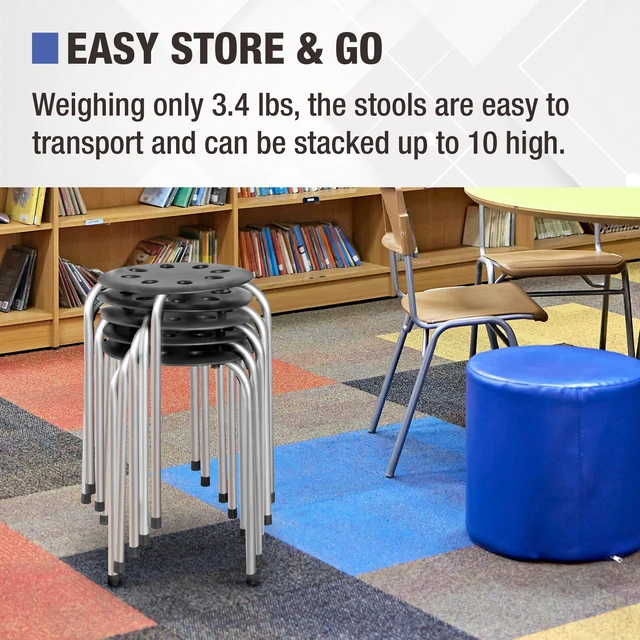 Alt view image 5 of 7 - Commercial Furniture Stacking Stools for Kids and Adults, 17.75" Standard Height Portable Nesting Office and Classroom Stools, Black/Silver, Pack of 5