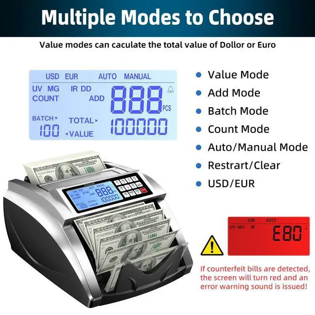 Alt view image 2 of 7 - Money Counter Machine with Value Bill Count, Cash Counter for Dollar, Euro with UV/MG/IR/DD/DBL/HLF/CHN Counterfeit Detection, Add/Bat/Value Mode Bill Counting Machine with Large LCD Display