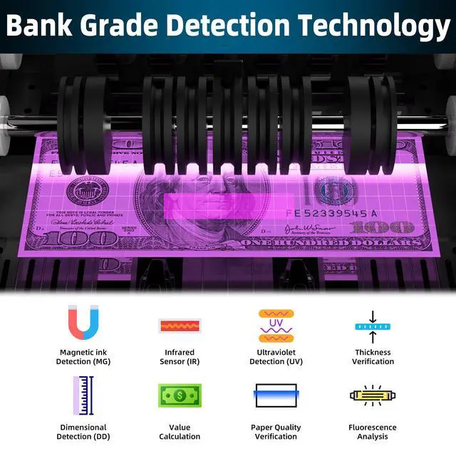 Alt view image 3 of 7 - Money Counter Machine with Value Bill Count, Cash Counter for Dollar, Euro with UV/MG/IR/DD/DBL/HLF/CHN Counterfeit Detection, Add/Bat/Value Mode Bill Counting Machine with Large LCD Display
