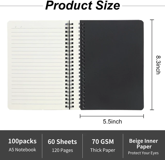Alt view image 3 of 7 - 100 Packs A5 Spiral Notebooks, Black Ruled Notebooks Bulk, 8.0"×5.6", 60 Sheets/120 Pages, Hardcover Lined Journal Notepad Travel Notebooks for Office and Back to School Supplies