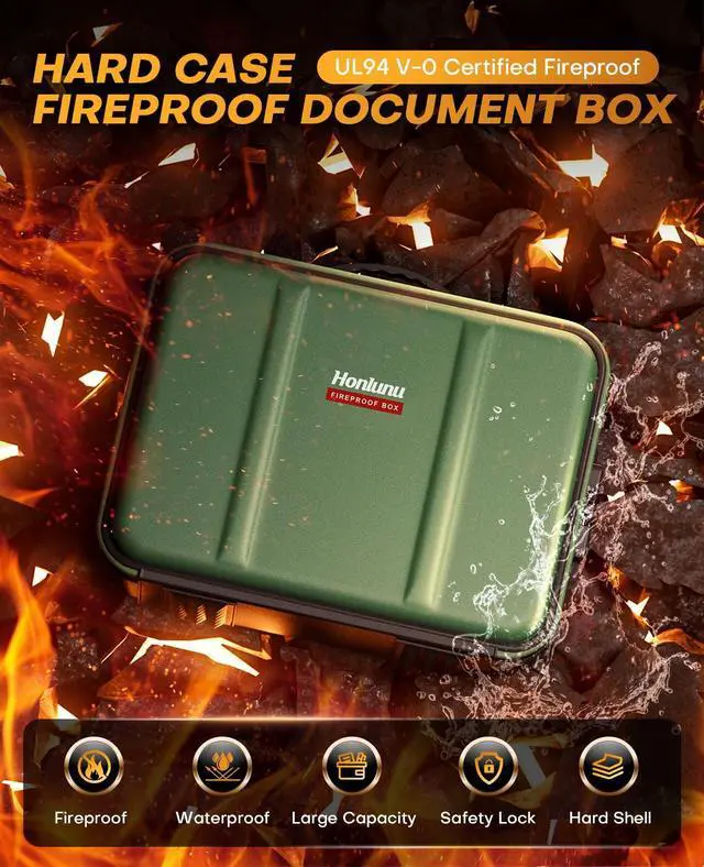 Alt view image 2 of 7 - Fireproof Document Box with Lock, Hard Case Safe Box Water Resistant Document Organizer for Important Documents, Passports, Certificates & Cash, Portable File Storage for Home Office, Green