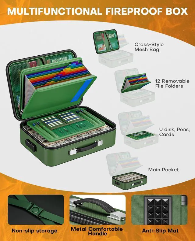 Alt view image 3 of 7 - Fireproof Document Box with Lock, Hard Case Safe Box Water Resistant Document Organizer for Important Documents, Passports, Certificates & Cash, Portable File Storage for Home Office, Green