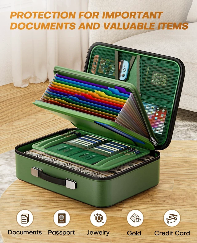 Alt view image 5 of 7 - Fireproof Document Box with Lock, Hard Case Safe Box Water Resistant Document Organizer for Important Documents, Passports, Certificates & Cash, Portable File Storage for Home Office, Green
