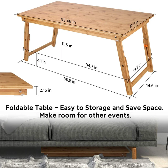 Alt view image 3 of 7 - Large Size Floor Desk Floor Table Tray with Folding Legs Adjustable Low Coffee Table for Breakfast Serving Tray Gaming Writing 33.5x17.7in