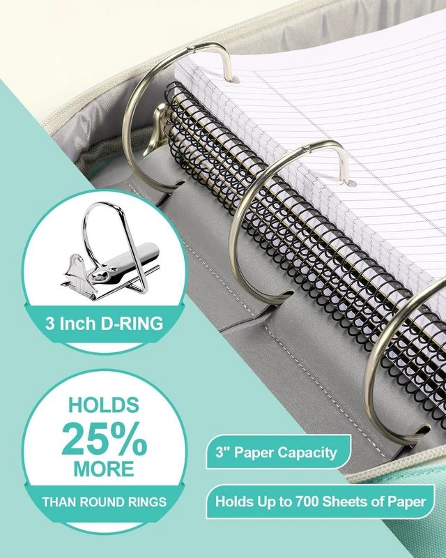 Alt view image 3 of 7 - 3-Inch 3-Ring Zipper Binder with Shoulder Strap and Multiple Pockets | D-Ring Zip Up Binder with 700 Sheets Capacity, Compatible with 13" MacBook/Tablet, for Middle School, Office, Mint Green