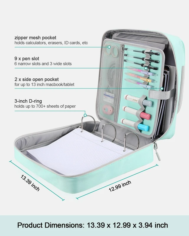 Alt view image 4 of 7 - 3-Inch 3-Ring Zipper Binder with Shoulder Strap and Multiple Pockets | D-Ring Zip Up Binder with 700 Sheets Capacity, Compatible with 13" MacBook/Tablet, for Middle School, Office, Mint Green
