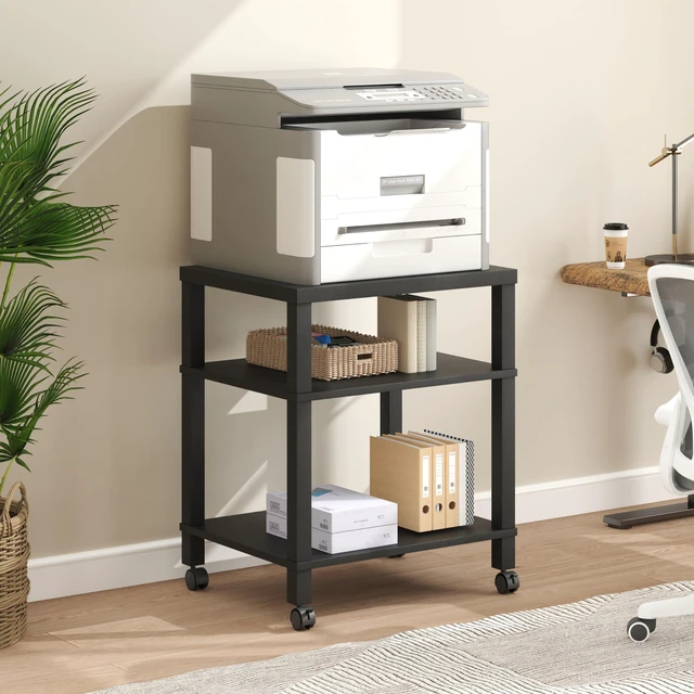 Alt view image 2 of 7 - 3-Tier Printer Stand with Wheels, Large Under Desk Rolling Cart for Office Storage, Heavy Duty Machine Stand with Adjustable Shelf, 22.04"x17.71"x26.54", Black