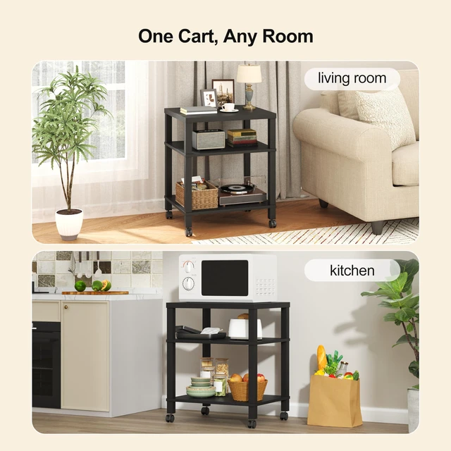Alt view image 3 of 7 - 3-Tier Printer Stand with Wheels, Large Under Desk Rolling Cart for Office Storage, Heavy Duty Machine Stand with Adjustable Shelf, 22.04"x17.71"x26.54", Black