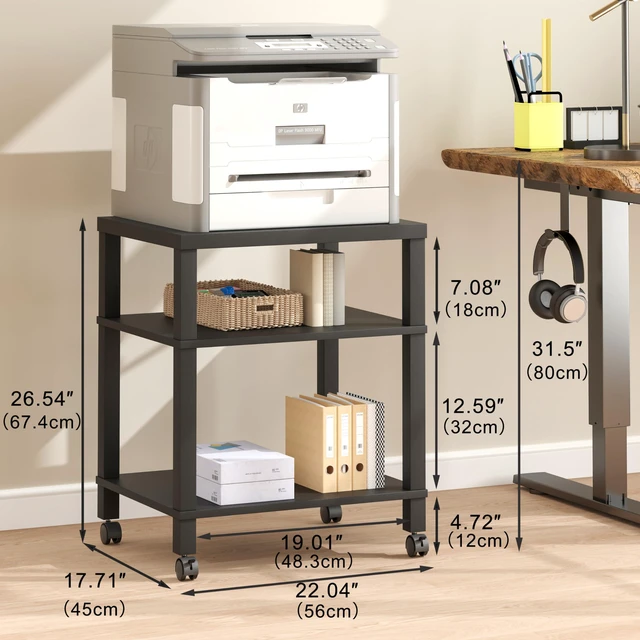 Alt view image 4 of 7 - 3-Tier Printer Stand with Wheels, Large Under Desk Rolling Cart for Office Storage, Heavy Duty Machine Stand with Adjustable Shelf, 22.04"x17.71"x26.54", Black