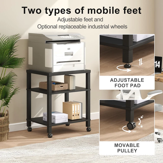 Alt view image 5 of 7 - 3-Tier Printer Stand with Wheels, Large Under Desk Rolling Cart for Office Storage, Heavy Duty Machine Stand with Adjustable Shelf, 22.04"x17.71"x26.54", Black