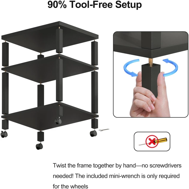 Alt view image 7 of 7 - 3-Tier Printer Stand with Wheels, Large Under Desk Rolling Cart for Office Storage, Heavy Duty Machine Stand with Adjustable Shelf, 22.04"x17.71"x26.54", Black