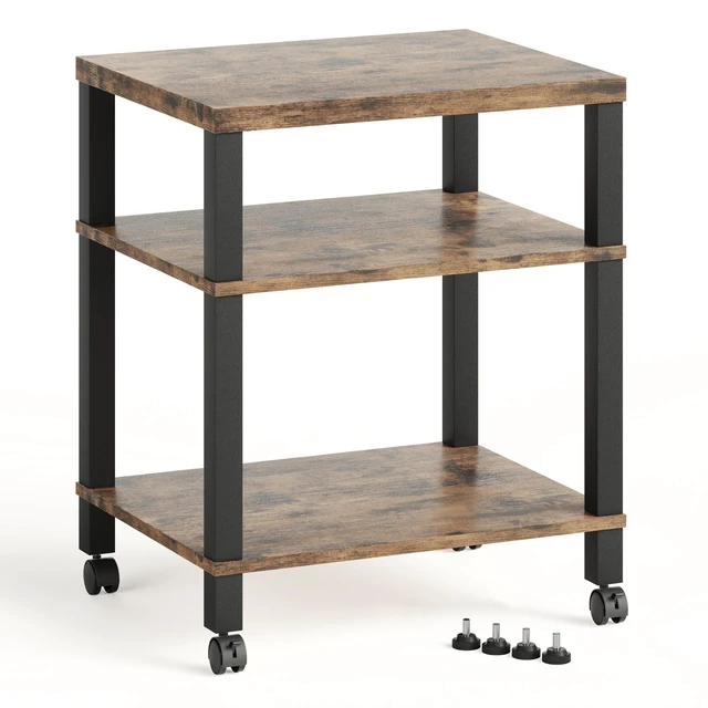 Main image of 3-Tier Printer Stand with Wheels, Large Under Desk Rolling Cart for Office Storage, Heavy Duty Machine Stand with Adjustable Shelf, 22.04"x17.71"x26.54", Rustic Brown