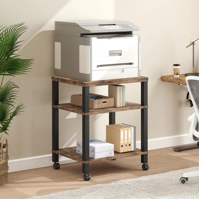 Alt view image 2 of 7 - 3-Tier Printer Stand with Wheels, Large Under Desk Rolling Cart for Office Storage, Heavy Duty Machine Stand with Adjustable Shelf, 22.04"x17.71"x26.54", Rustic Brown