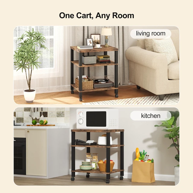 Alt view image 3 of 7 - 3-Tier Printer Stand with Wheels, Large Under Desk Rolling Cart for Office Storage, Heavy Duty Machine Stand with Adjustable Shelf, 22.04"x17.71"x26.54", Rustic Brown