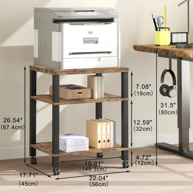 Alt view image 4 of 7 - 3-Tier Printer Stand with Wheels, Large Under Desk Rolling Cart for Office Storage, Heavy Duty Machine Stand with Adjustable Shelf, 22.04"x17.71"x26.54", Rustic Brown