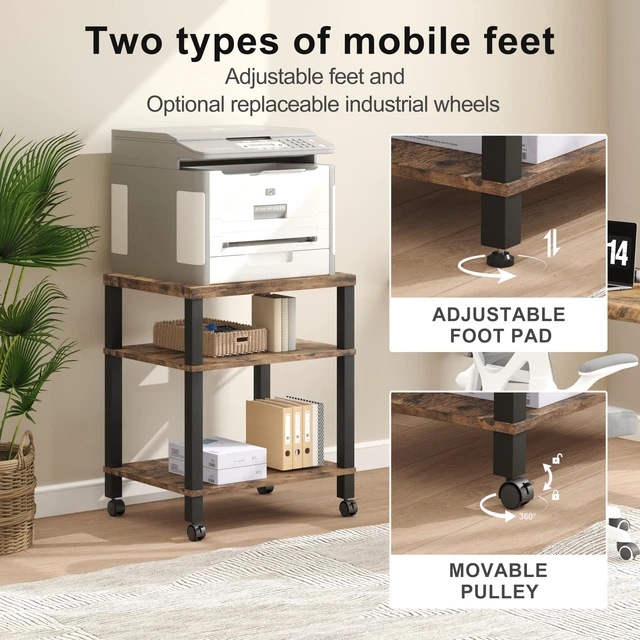 Alt view image 5 of 7 - 3-Tier Printer Stand with Wheels, Large Under Desk Rolling Cart for Office Storage, Heavy Duty Machine Stand with Adjustable Shelf, 22.04"x17.71"x26.54", Rustic Brown