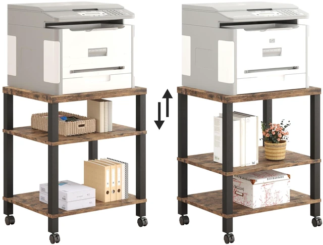 Alt view image 6 of 7 - 3-Tier Printer Stand with Wheels, Large Under Desk Rolling Cart for Office Storage, Heavy Duty Machine Stand with Adjustable Shelf, 22.04"x17.71"x26.54", Rustic Brown