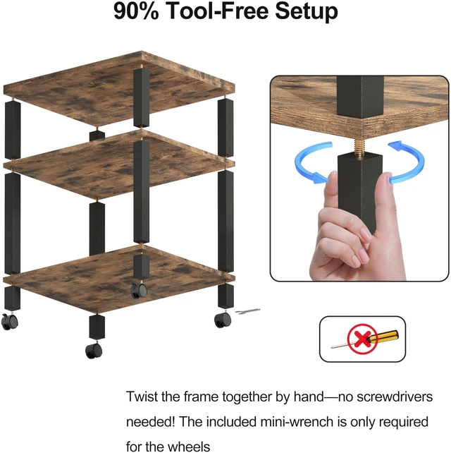 Alt view image 7 of 7 - 3-Tier Printer Stand with Wheels, Large Under Desk Rolling Cart for Office Storage, Heavy Duty Machine Stand with Adjustable Shelf, 22.04"x17.71"x26.54", Rustic Brown