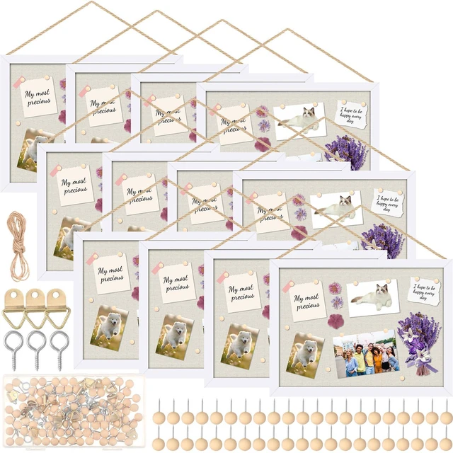 Main image of 12 Pack Wood Bulletin Boards with Linen 12''x 16'' Cork Board for Walls with 120 Pushpin Decorative Wood Framed Display for Classroom School Office Bedroom (White)
