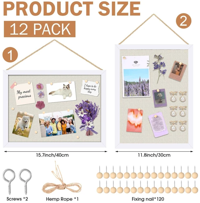 Alt view image 2 of 6 - 12 Pack Wood Bulletin Boards with Linen 12''x 16'' Cork Board for Walls with 120 Pushpin Decorative Wood Framed Display for Classroom School Office Bedroom (White)