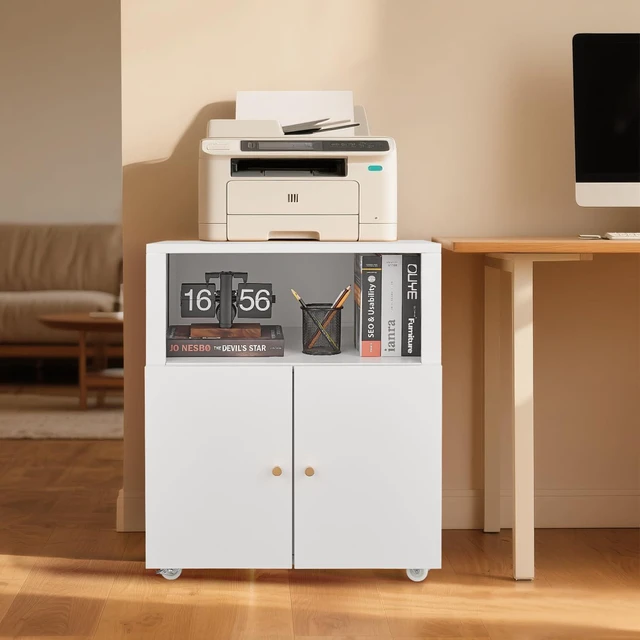 Alt view image 2 of 7 - Large Metal Printer Stand Cabinet with Storage and Wheels, White | Rolling Mobile 3D Laser Printer Copier Photocopier Table Cart with Doors, Adjustable Shelf, Golden Handles for Home Office