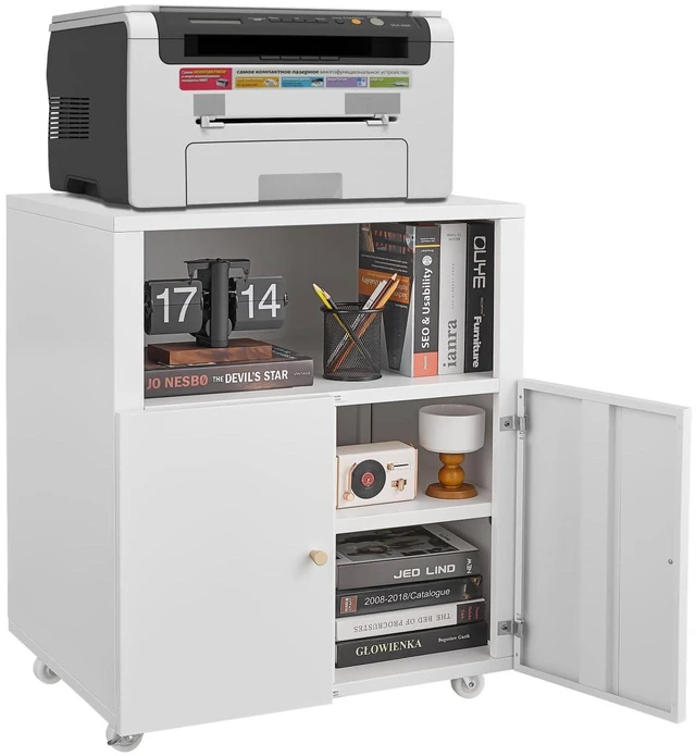 Main image of Large Metal Printer Stand Cabinet with Storage and Wheels, White | Rolling Mobile 3D Laser Printer Copier Photocopier Table Cart with Doors, Adjustable Shelf, Golden Handles for Home Office